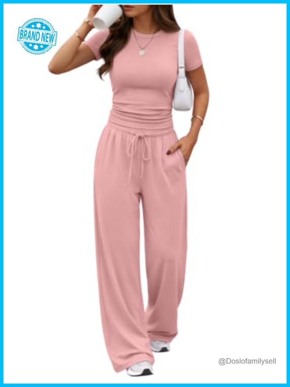 2 Piece Lounge Set with Pockets Short Sleeve Top Wide Leg Pants